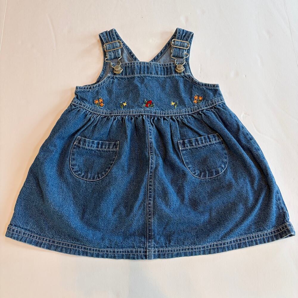 VTG 90s Gymboree Autumn Berries Blue Jean Denim Overall Dress Floral Embroidery